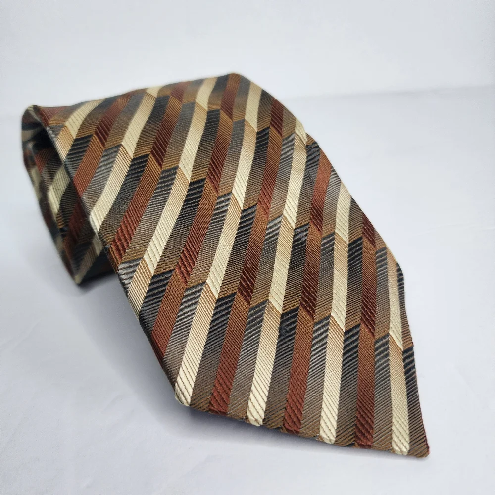 ALEXANDER JULIAN  Elegant Brown and Tan Striped Silk Tie